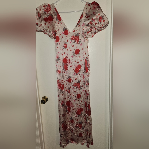 Maje DressRedFloral PrintRuffle & Keyhole AccentsShort Sleeve with Crew - Picture 3 of 9